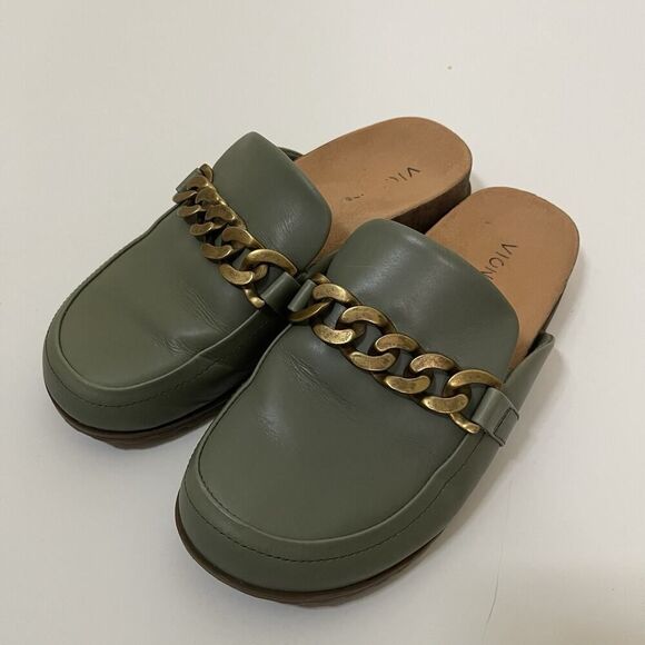 Vionic Joyful Georgie Slip On Leather Chain Mule in Army Green Size 7 - Picture 1 of 7